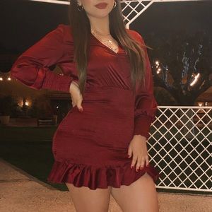 Red satin mini dress
